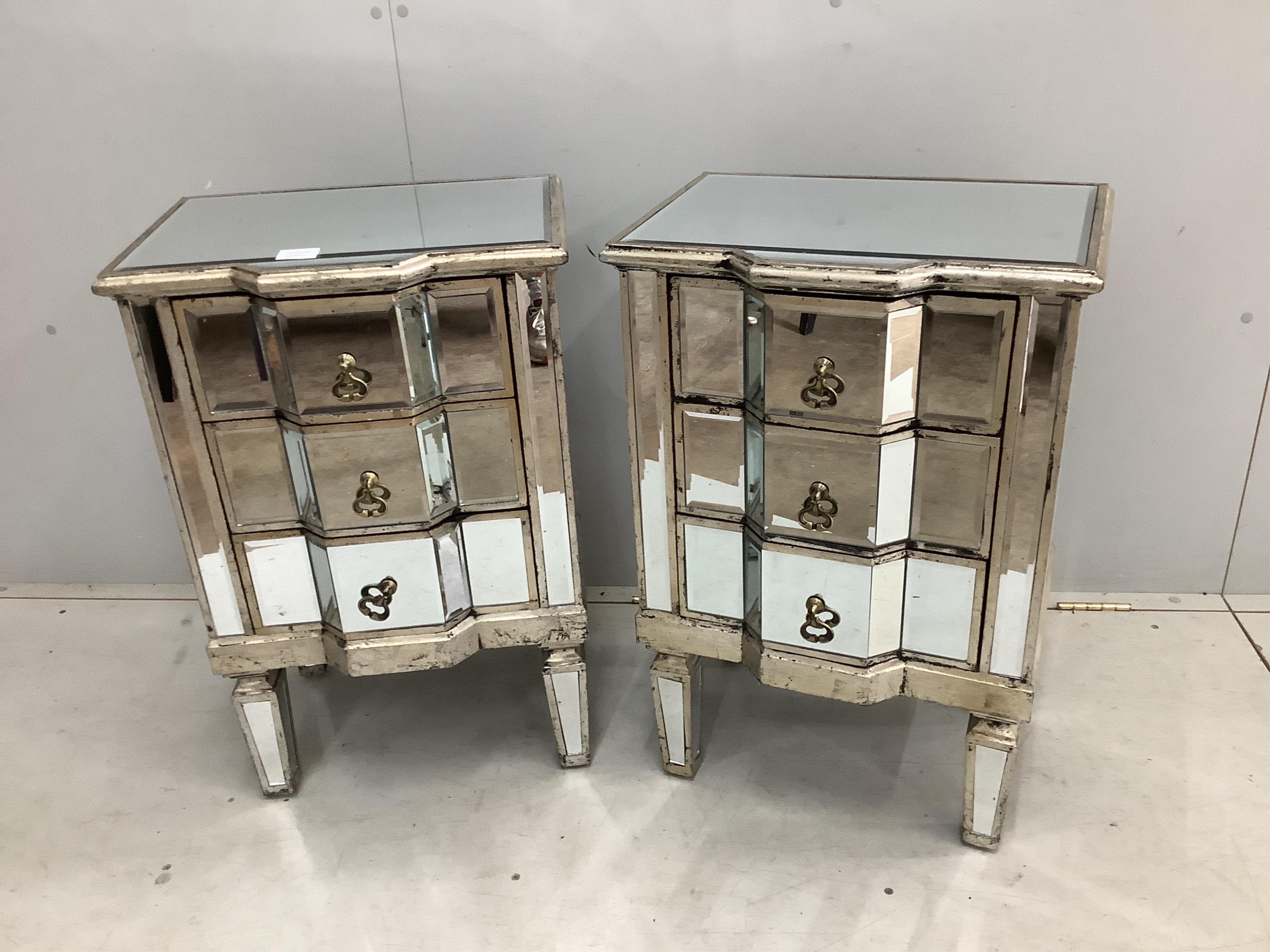 A pair of modern Venetian style mirrored three drawer bedside chests, width 47cm, height 72cm
